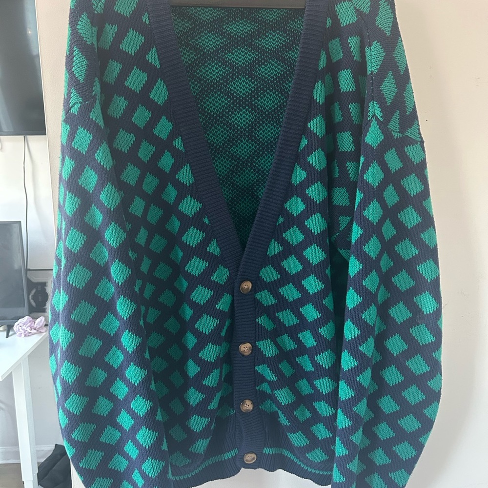 Christian Dior Men's Green and Blue Patterned Cardigan